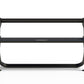 Black metal 2-tier dumbbell rack with horizontal bars and sturdy base feet on white background
