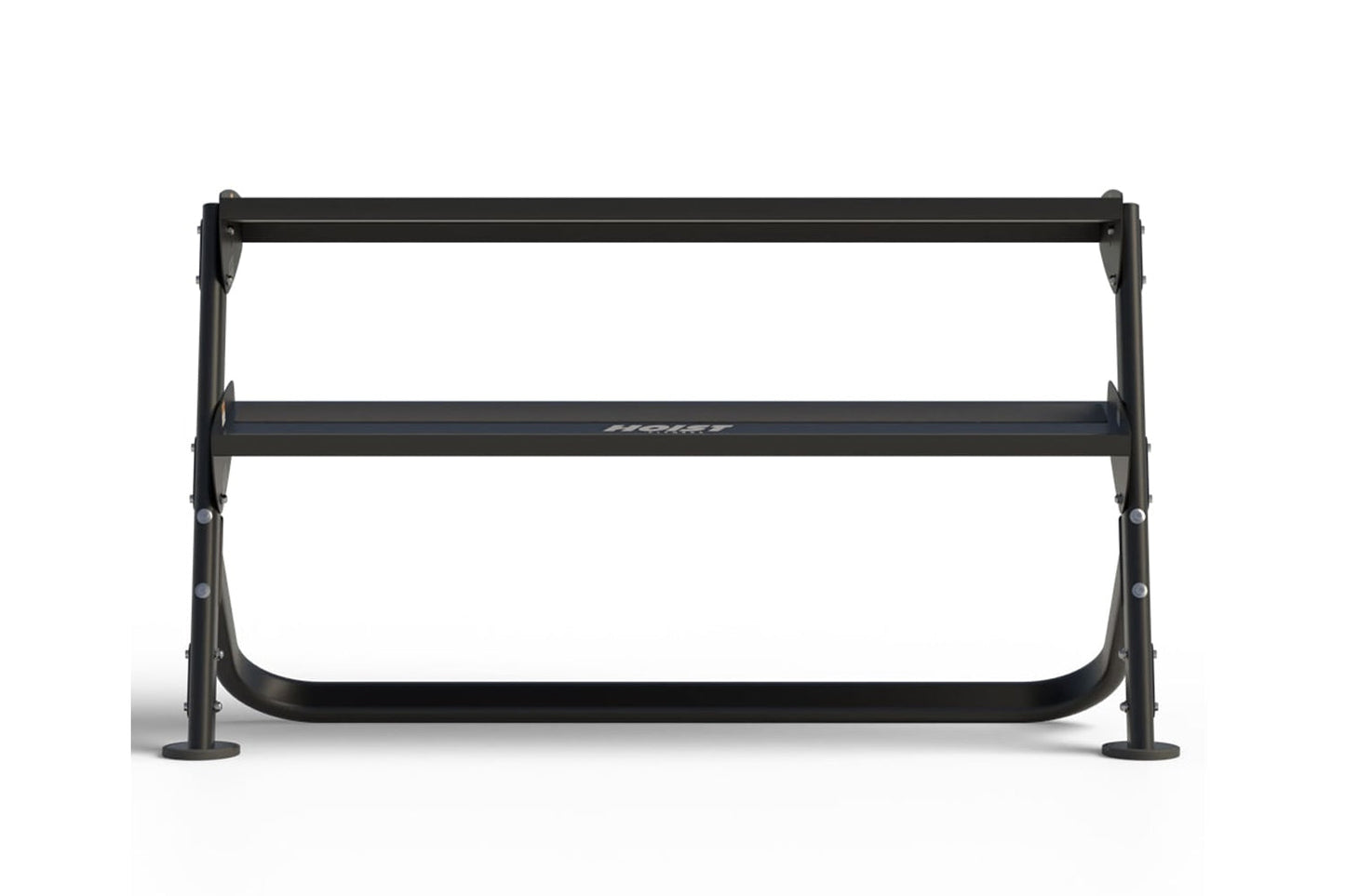 Black metal 2-tier dumbbell rack with horizontal bars and sturdy base feet on white background