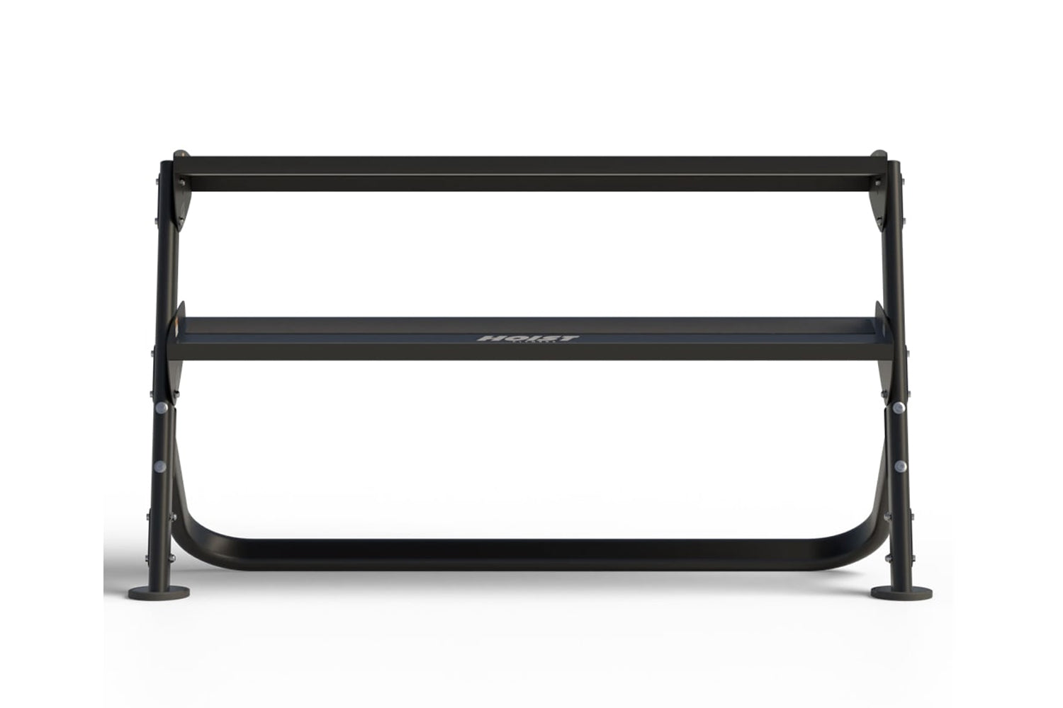 Black metal 2-tier dumbbell rack with horizontal bars and sturdy base feet on white background