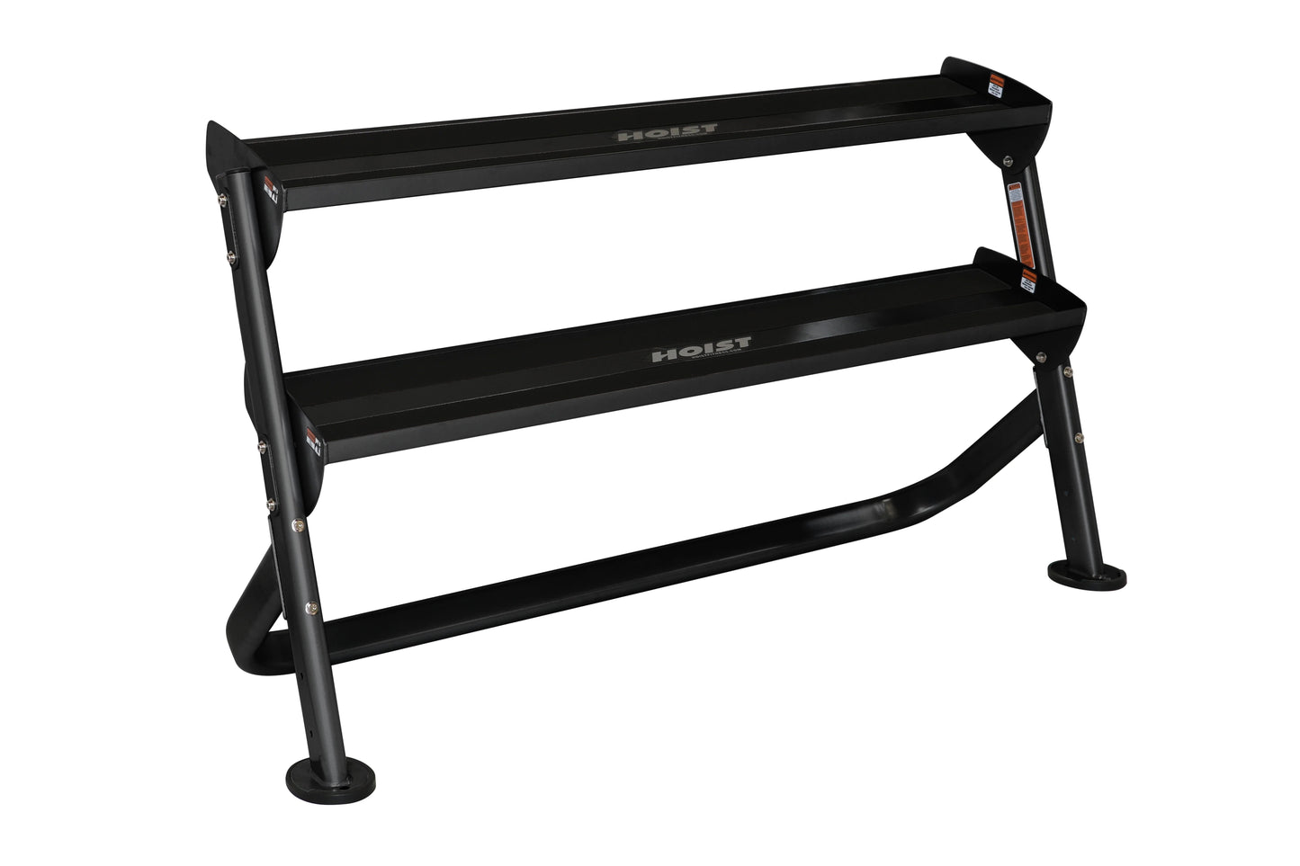 Black 3-tier dumbbell rack with angled legs and horizontal bars, branded Hoist, on white background