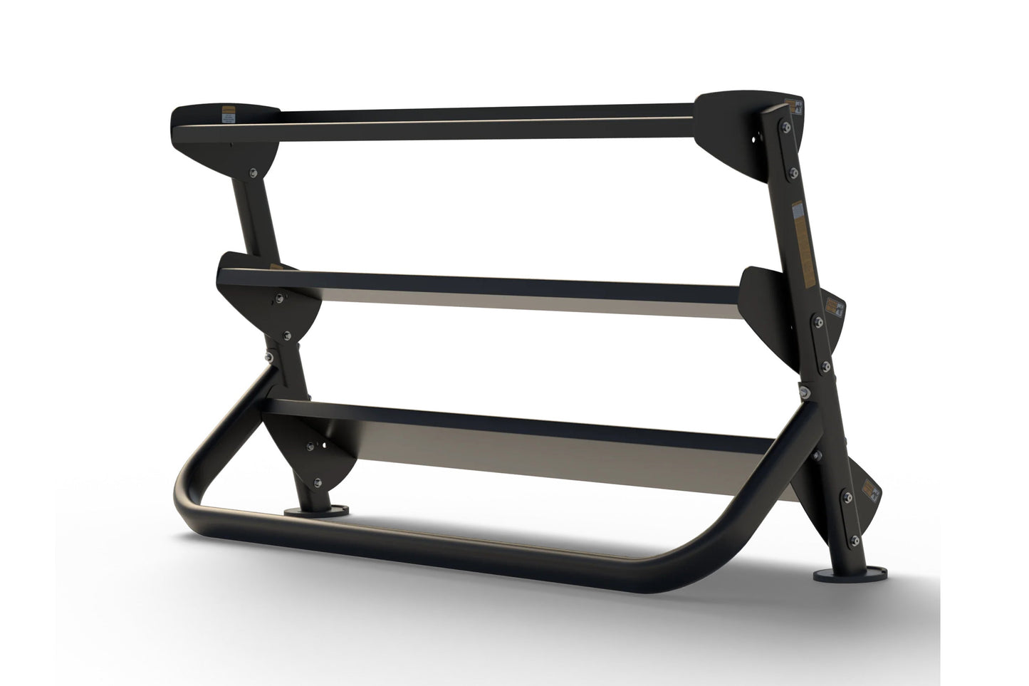 Black 2-tier dumbbell rack with gray metal bars and adjustable legs on white background