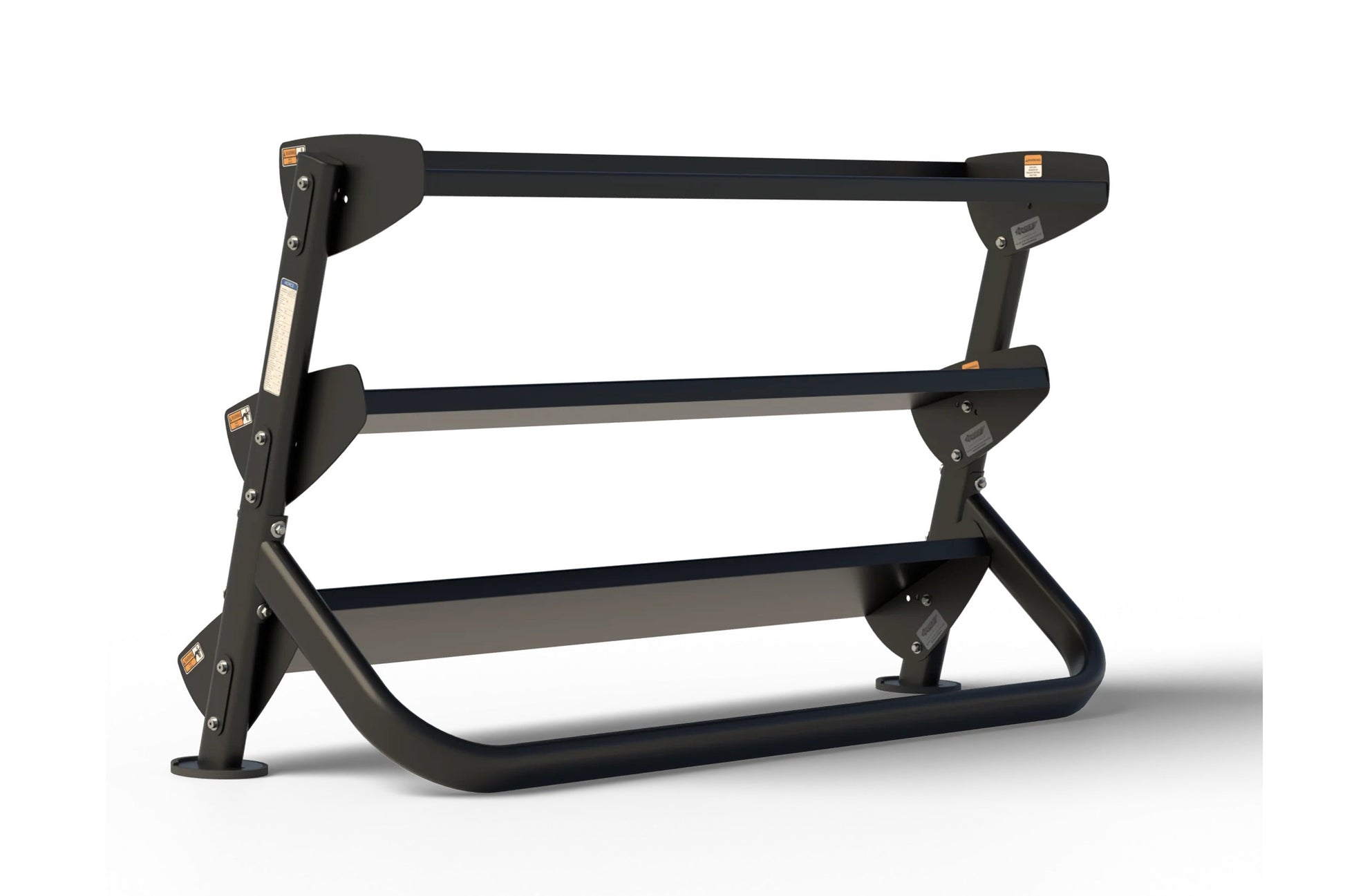 Black 2-tier dumbbell rack with gray metal shelves, orange accent details, and adjustable legs on white background