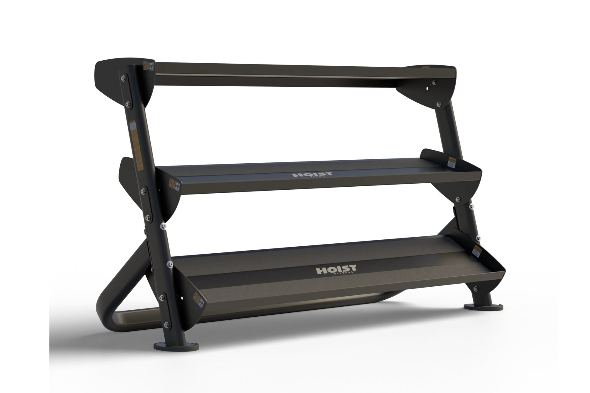 Black dumbbell rack with three horizontal tiers and angled support frame on white background