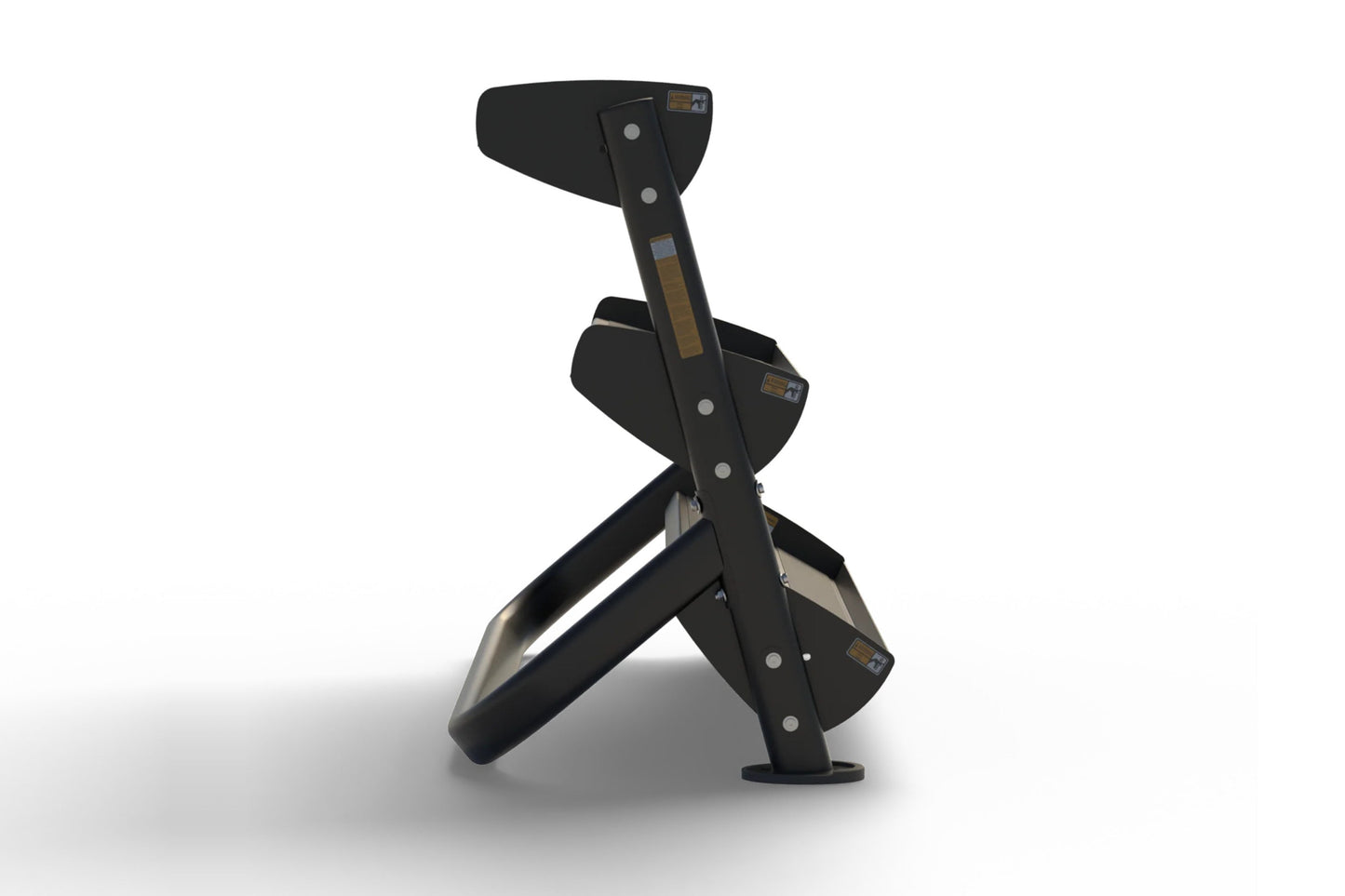 Black dumbbell rack with three tiers, metal frame, and brown accent details on white background