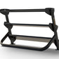 Black metal dumbbell rack with three tiers and silver horizontal bars, featuring sturdy support legs on white background