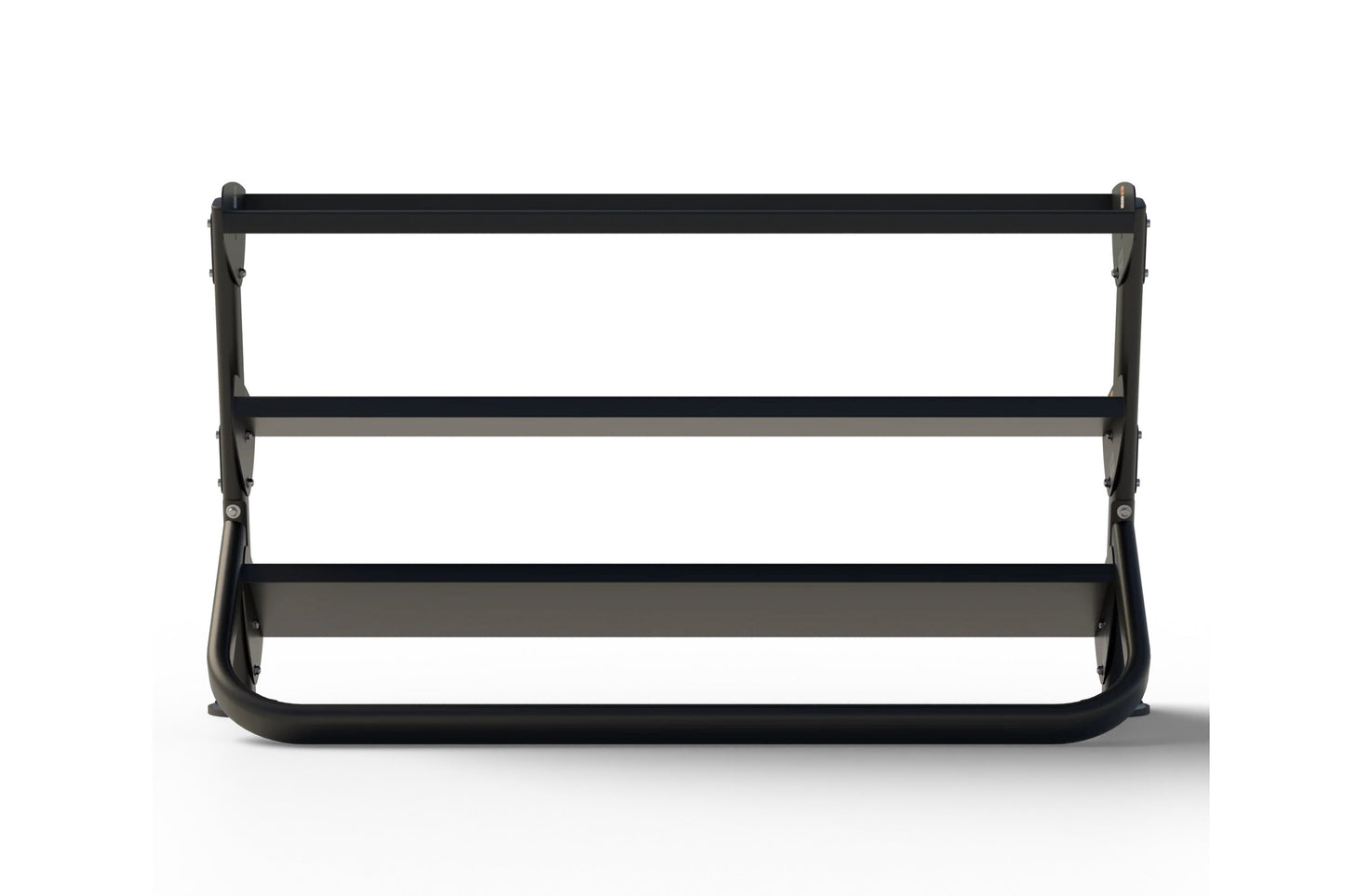 Black steel dumbbell rack with three tiers and gray metal shelves, collapsible angled legs, white background