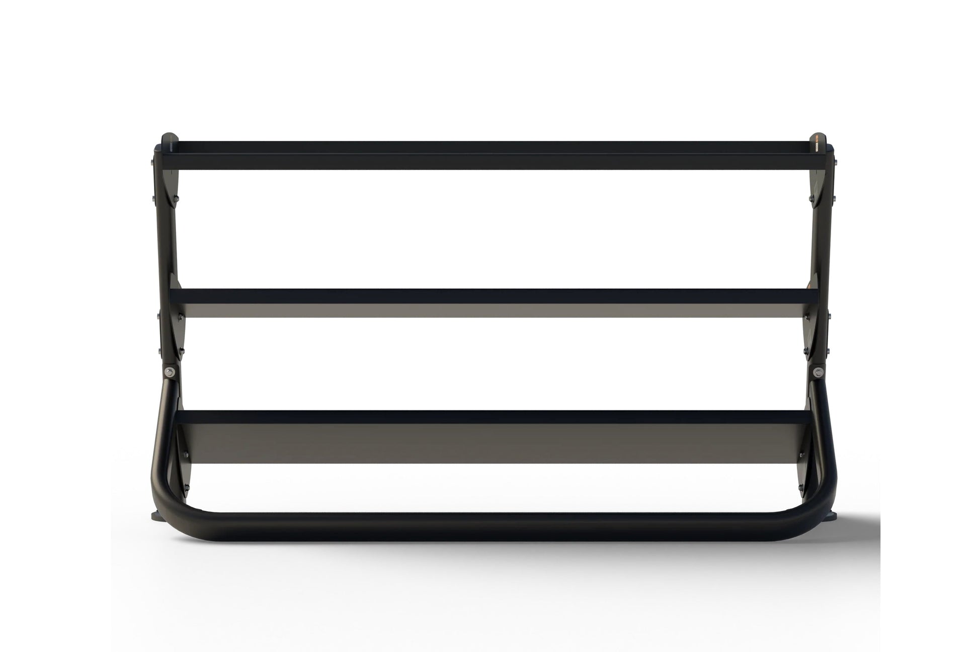 Black steel dumbbell rack with three tiers and gray metal shelves, collapsible angled legs, white background