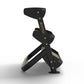 Black two-tier dumbbell rack with metal frame, adjustable arms with rivets, and wood-grain accent bands on white background