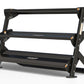 Black 2-tier dumbbell rack with metal frame, wide shelves, and stabilizing feet on white background