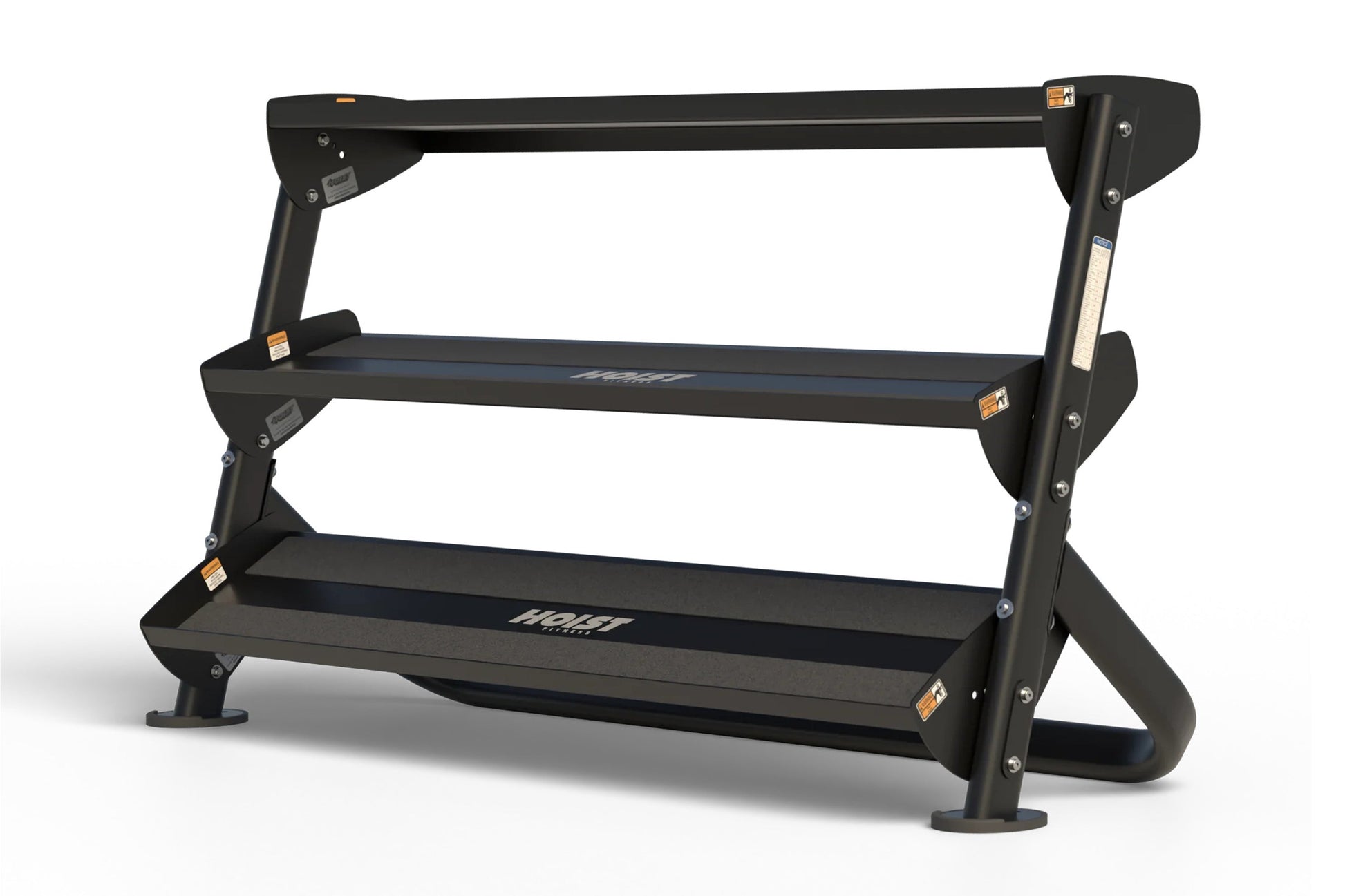 Black three-tier dumbbell rack with angled uprights and blue-trimmed shelves, designed for 60-pound dumbbells, shown on white