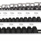 Three-tier white metal dumbbell rack holding black dumbbells ranging from 5 lbs to 50 lbs with chrome handles, displayed on w