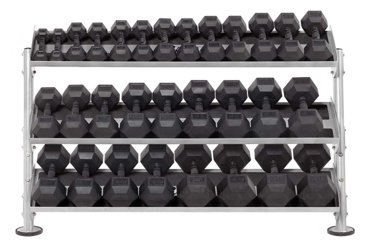 Hoist dumbbell rack with four tiers holding black hexagonal dumbbells, silver metal frame on white background