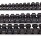 Hoist dumbbell rack with four tiers holding black hexagonal dumbbells, silver metal frame on white background