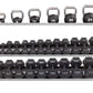 Silver metal dumbbell rack with three tiers holding black hexagonal dumbbells ranging from 8 to 24 pounds, and kettlebells on
