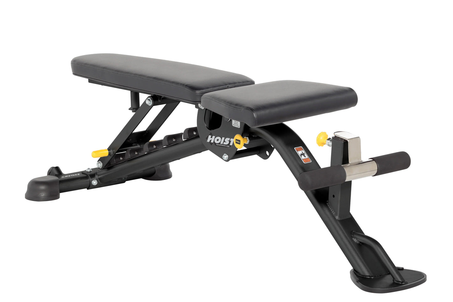 Hoist 7-Position FID weight bench with black padded seat and back, adjustable frame with yellow knobs, and leg extension atta