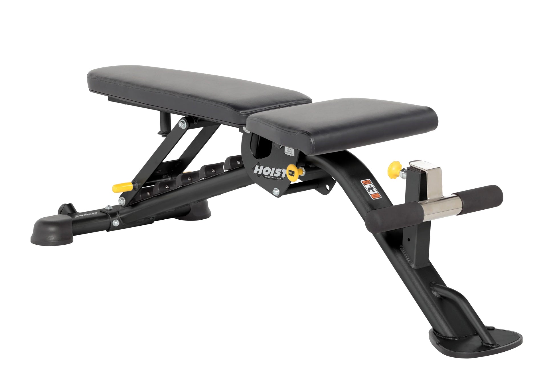 Hoist 7-Position FID weight bench with black padded seat and back, adjustable frame with yellow knobs, and leg extension atta