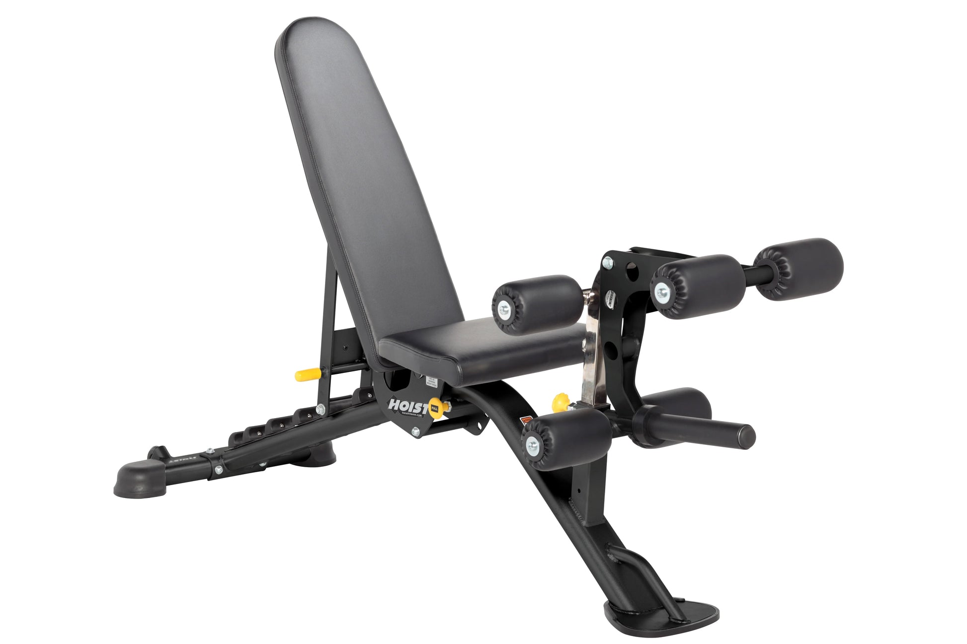 Black adjustable weight bench with padded seat and backrest, leg extension and curl attachment with black knurled handles, on