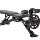 Black Hoist 7-position weight bench with adjustable backrest, leg press, black handlebars, and 35-pound weight plate attached