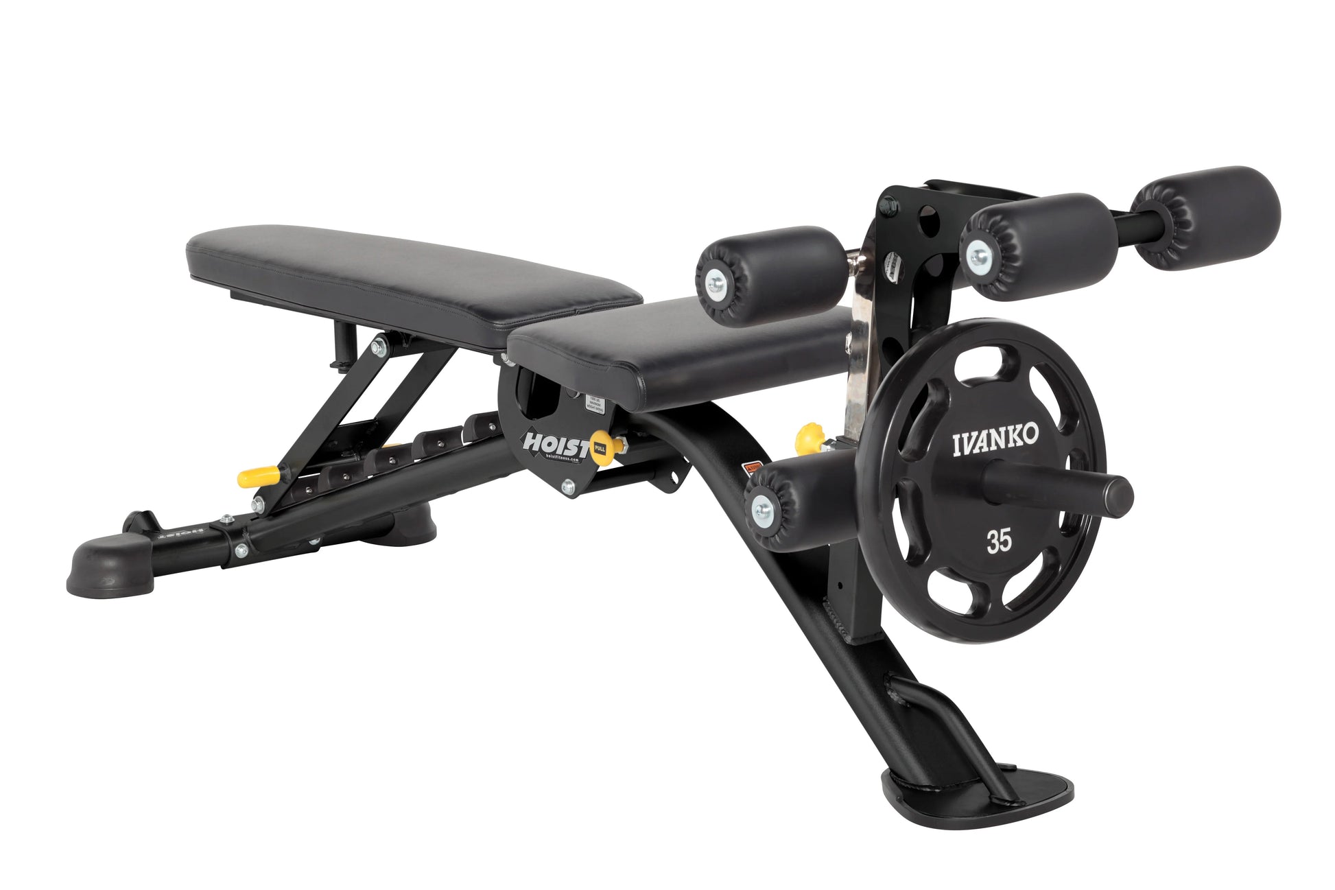Black Hoist 7-position weight bench with adjustable backrest, leg press, black handlebars, and 35-pound weight plate attached