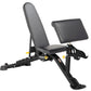 Black and gray weight bench with adjustable backrest and leg extension, featuring 7-position incline settings and yellow adju