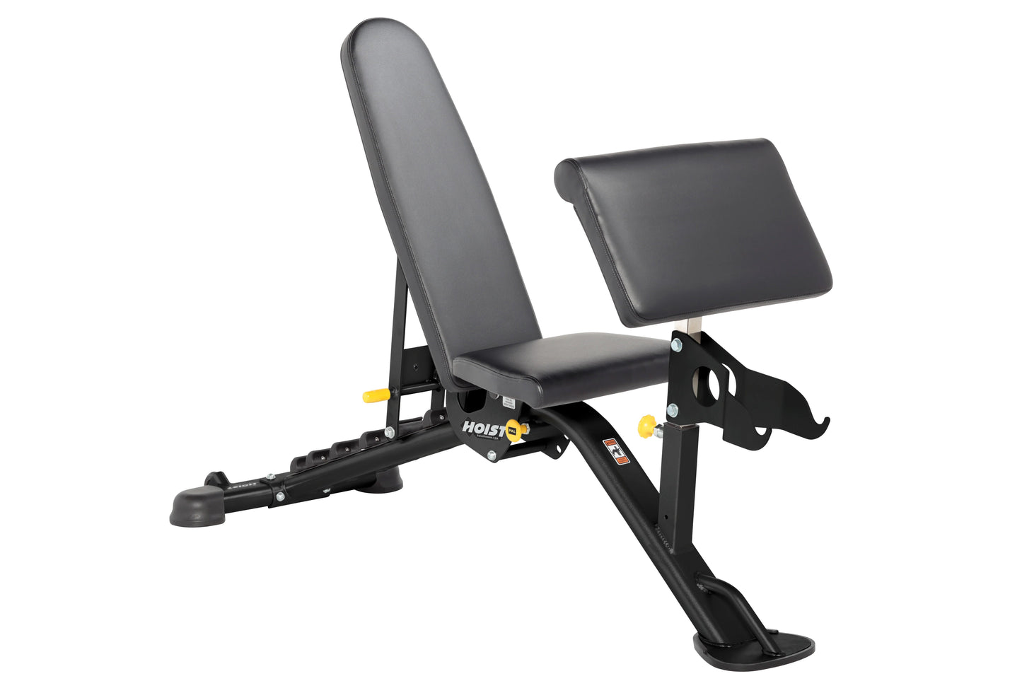 Black and gray weight bench with adjustable backrest and leg extension, featuring 7-position incline settings and yellow adju