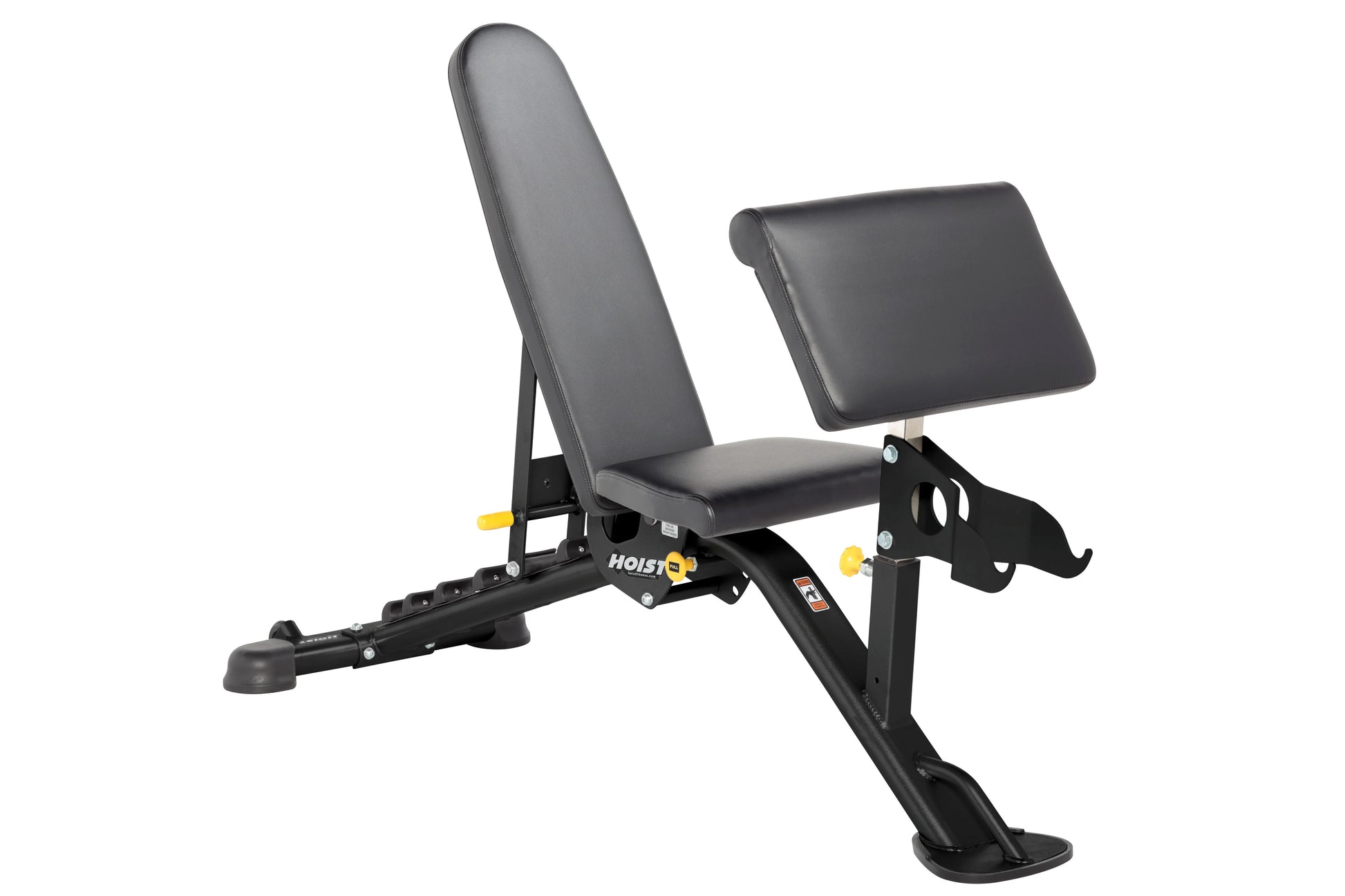 Black and gray weight bench with adjustable backrest and leg extension, featuring 7-position incline settings and yellow adju