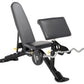Hoist black and gray multi-position weight bench with adjustable backrest, leg extension attachment, and curved barbell bar o