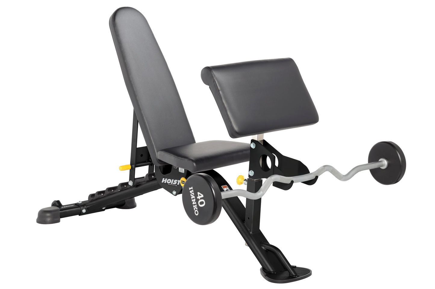 Hoist black and gray multi-position weight bench with adjustable backrest, leg extension attachment, and curved barbell bar o