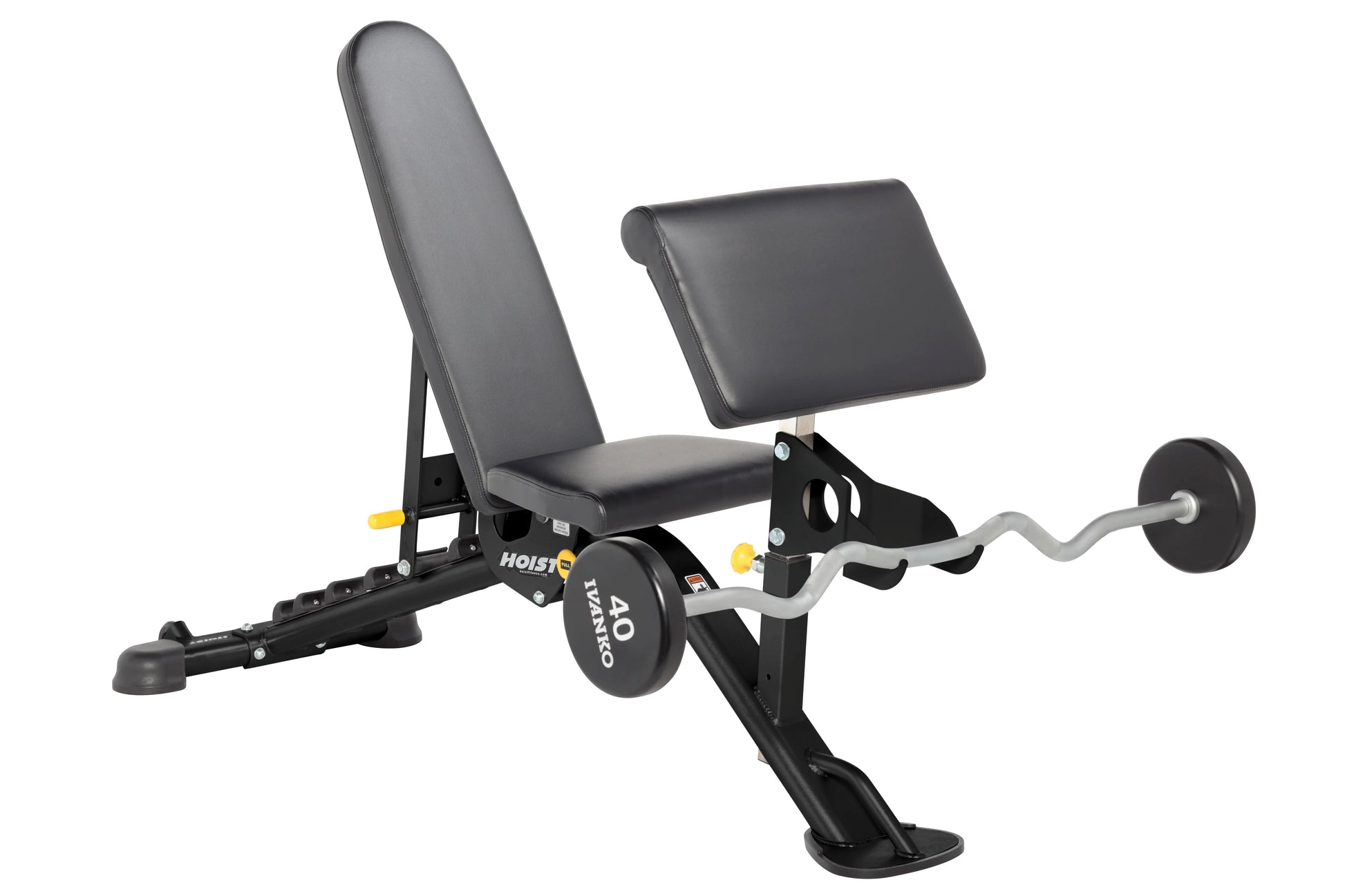 Hoist black and gray multi-position weight bench with adjustable backrest, leg extension attachment, and curved barbell bar o