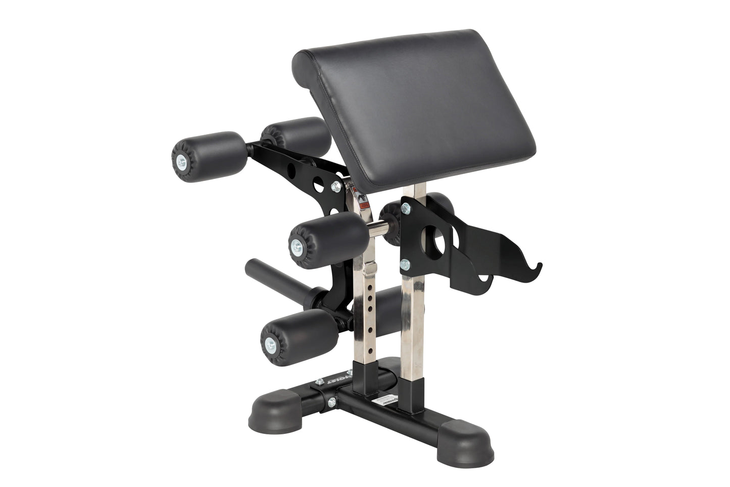 Hoist 7-position FID bench with black padded seat and back, adjustable leg extension, and silver metal frame on white backgro