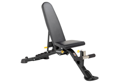 Hoist 7-Position FID Bench with black padded seat and backrest, adjustable frame with yellow accents on white background