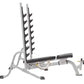Hoist 7-Position Olympic Bench Press with gray frame, black padded seat and backrest, dual dumbbell racks, and adjustable leg