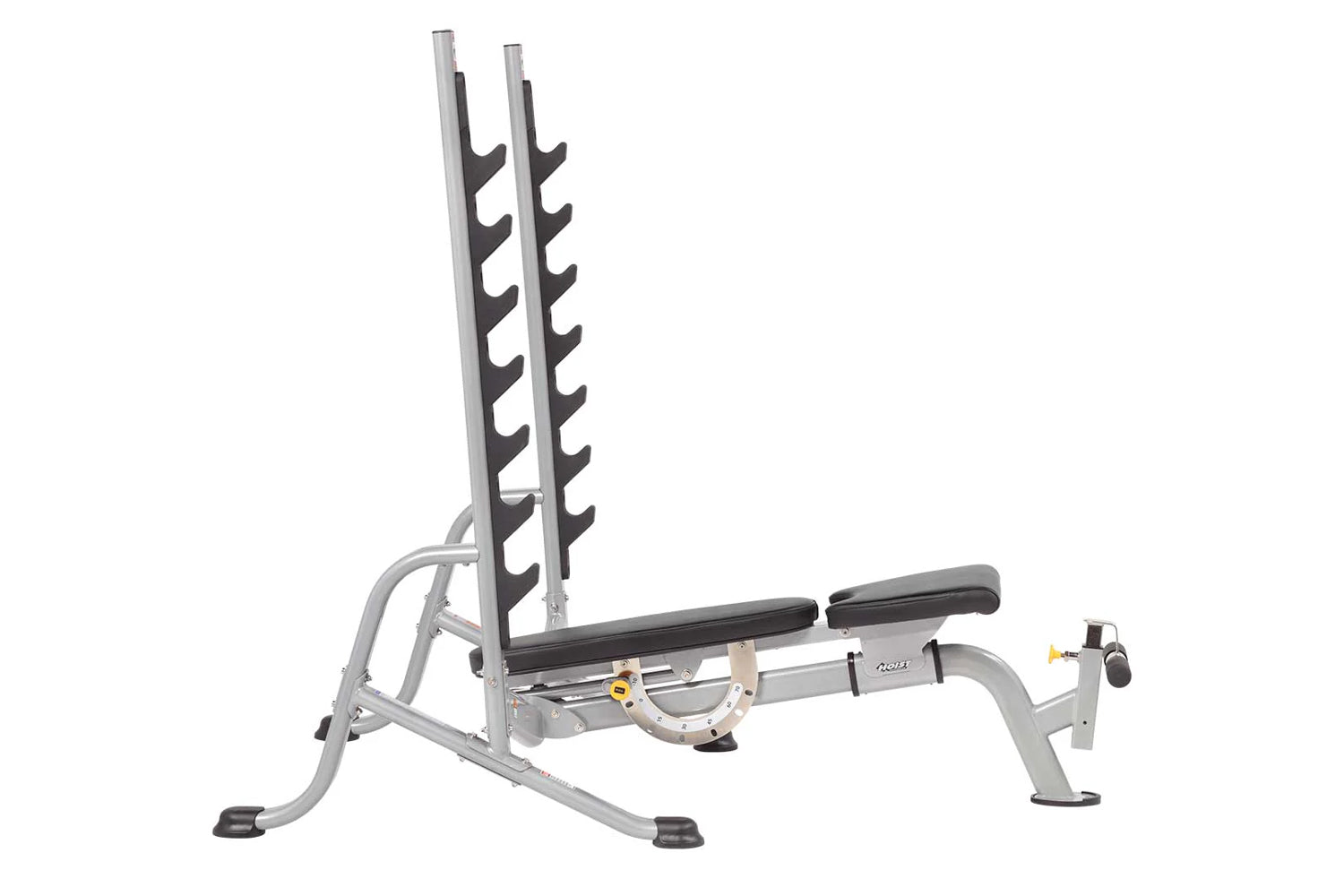 Hoist 7-Position Olympic Bench Press with gray frame, black padded seat and backrest, dual dumbbell racks, and adjustable leg
