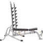 Silver and black multi-position weight bench with dual barbell racks, adjustable backrest, and leg extension attachment on wh