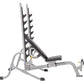 Gray and black Olympic weight bench with 7-position back rest, horizontal barbell rack, and foot platform on white background