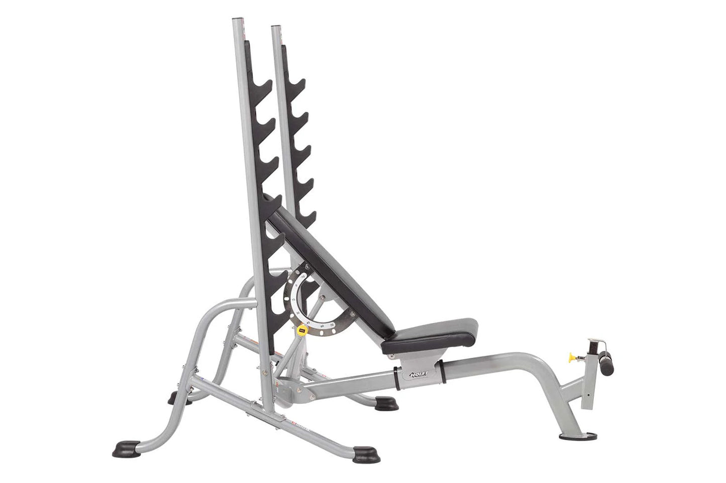 Gray and black Olympic weight bench with 7-position back rest, horizontal barbell rack, and foot platform on white background