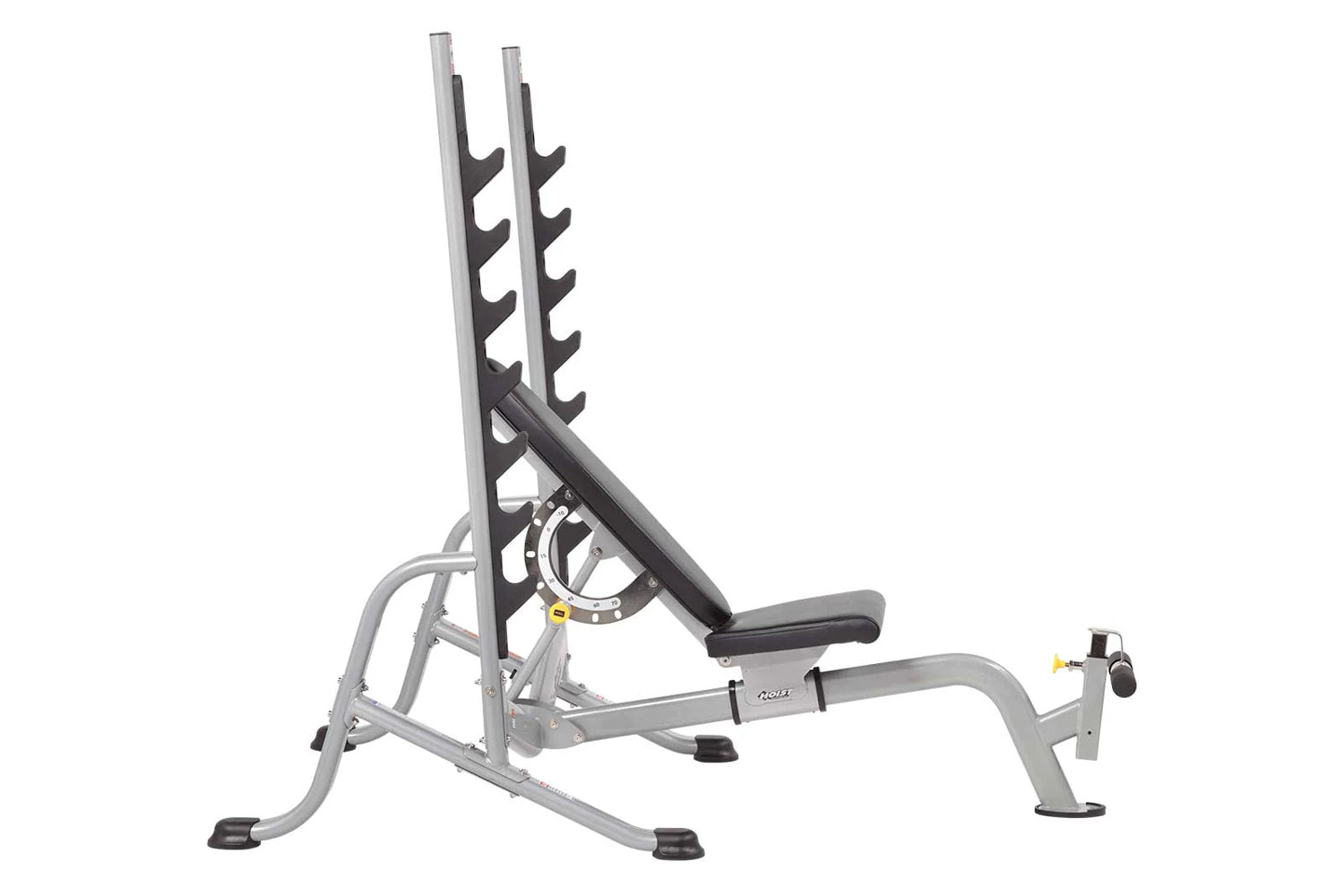 Gray and black Olympic weight bench with 7-position back rest, horizontal barbell rack, and foot platform on white background