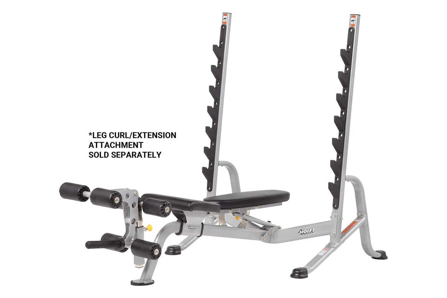 Hoist 7-position Olympic bench press with gray steel frame, black padding, dual uprights with dumbbell racks, and adjustable 