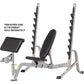 Hoist 7-Position Olympic Bench Press with gray steel frame, black padded seat and backrest, dual weight plate storage racks, 