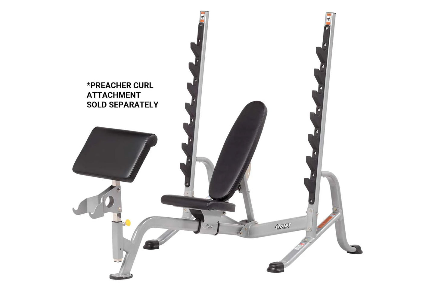 Hoist 7-Position Olympic Bench Press with gray steel frame, black padded seat and backrest, dual weight plate storage racks, 