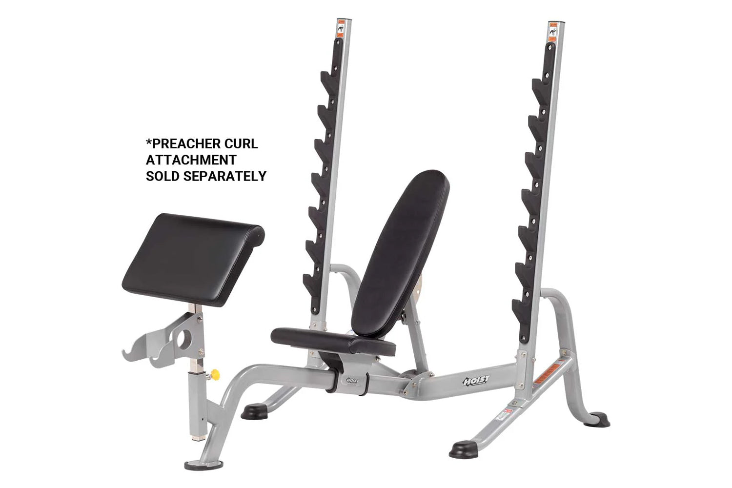 Hoist 7-Position Olympic Bench Press with gray steel frame, black padded seat and backrest, dual weight plate storage racks, 