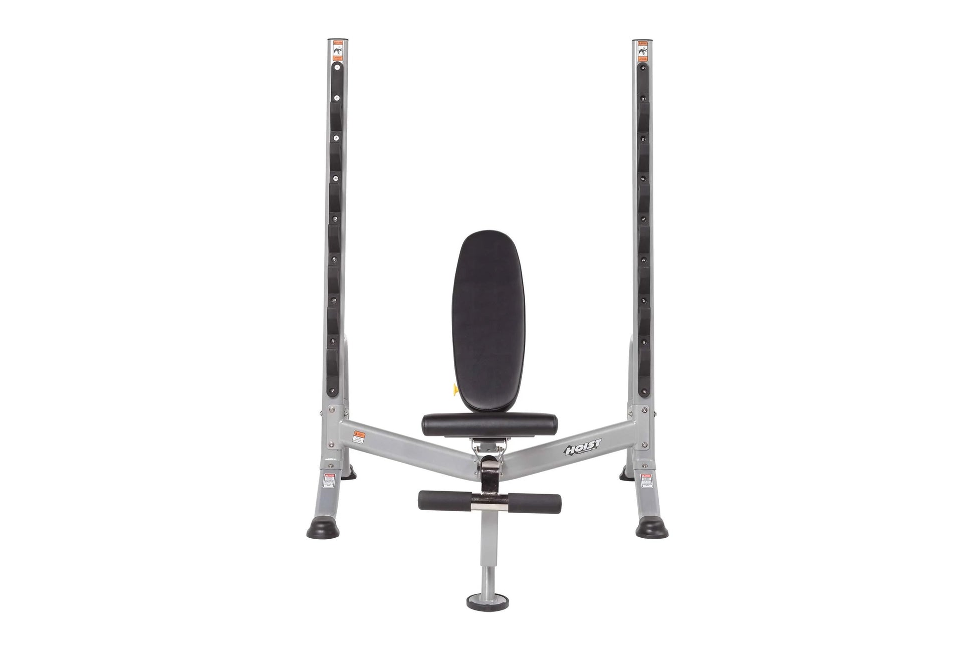 Hoist 7-Position Olympic Bench Press with gray steel frame, black padded seat and back pad, and dual vertical weight posts on
