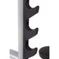 Black polymer barbell holder arms mounted on silver metal uprights of weight bench rack