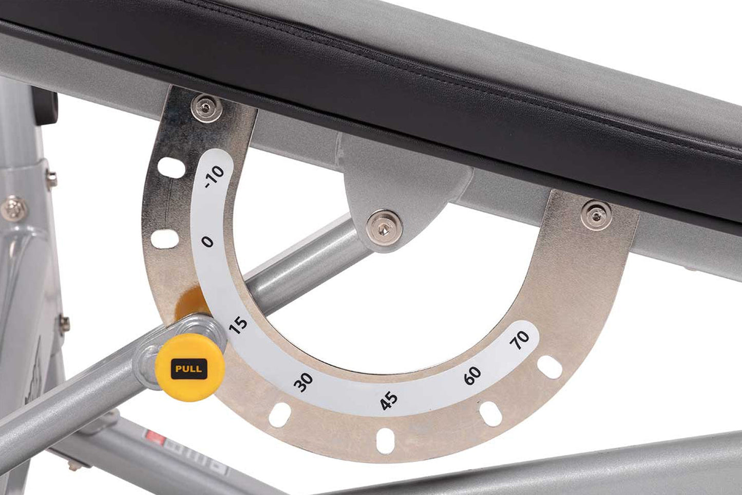 Hoist Olympic bench press with gray frame, metal resistance dial marked 0-70 pounds, and yellow pull handle on white backgrou