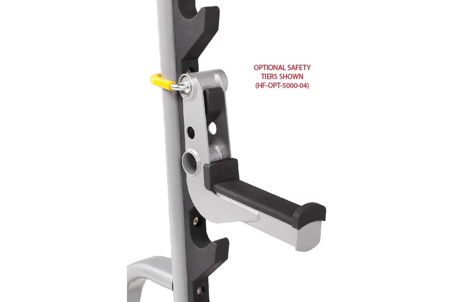 Hoist Olympic bench press attachment with gray and black frame, yellow safety pin, and footrest on white background