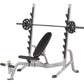 Hoist 7-position Olympic bench press with silver metal frame, black padded seat and backrest, and loaded barbell bar on white