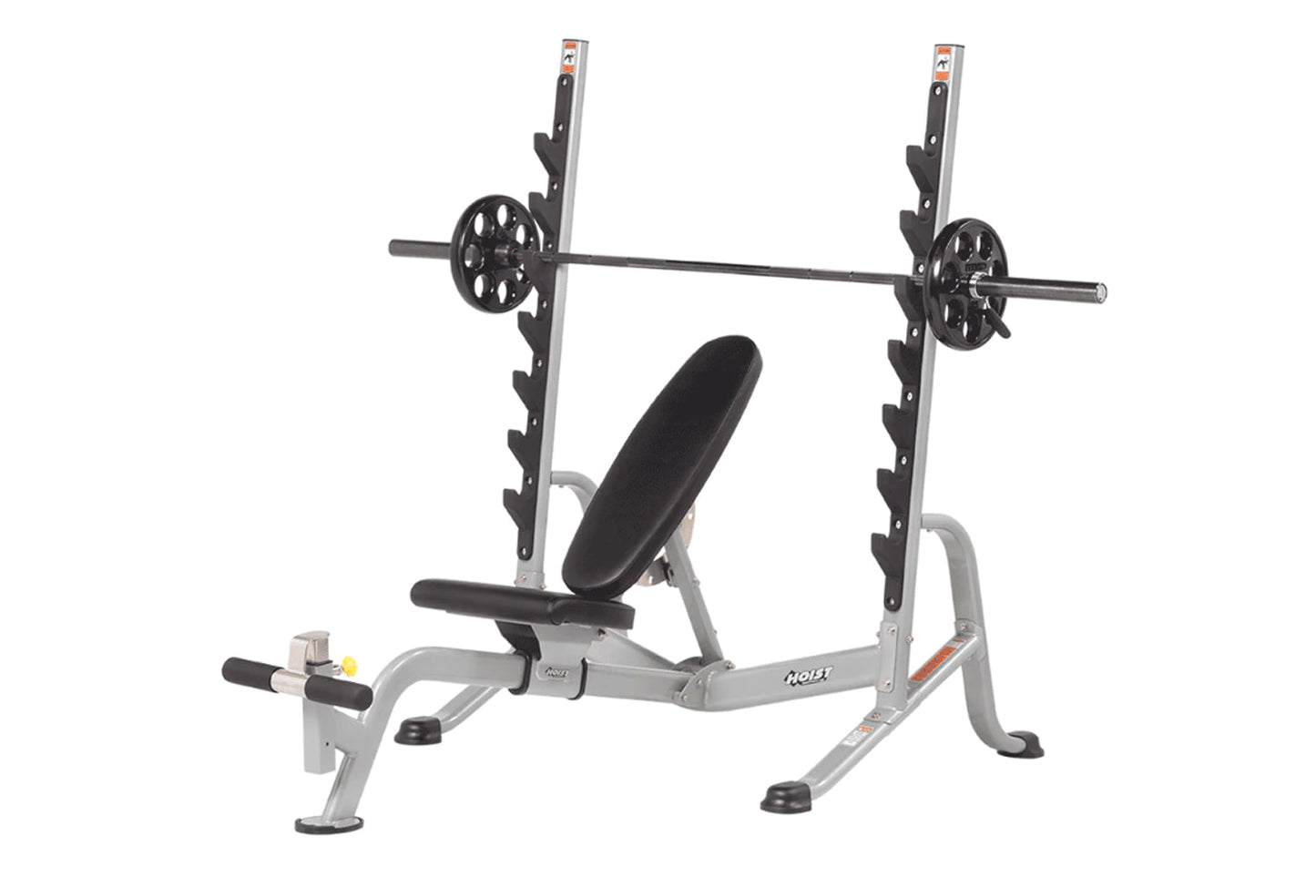 Hoist 7-position Olympic bench press with silver metal frame, black padded seat and backrest, and loaded barbell bar on white
