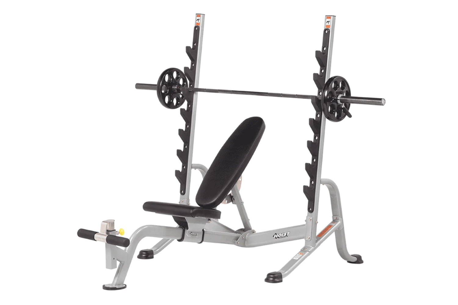 Hoist 7-position Olympic bench press with silver metal frame, black padded seat and backrest, and loaded barbell bar on white