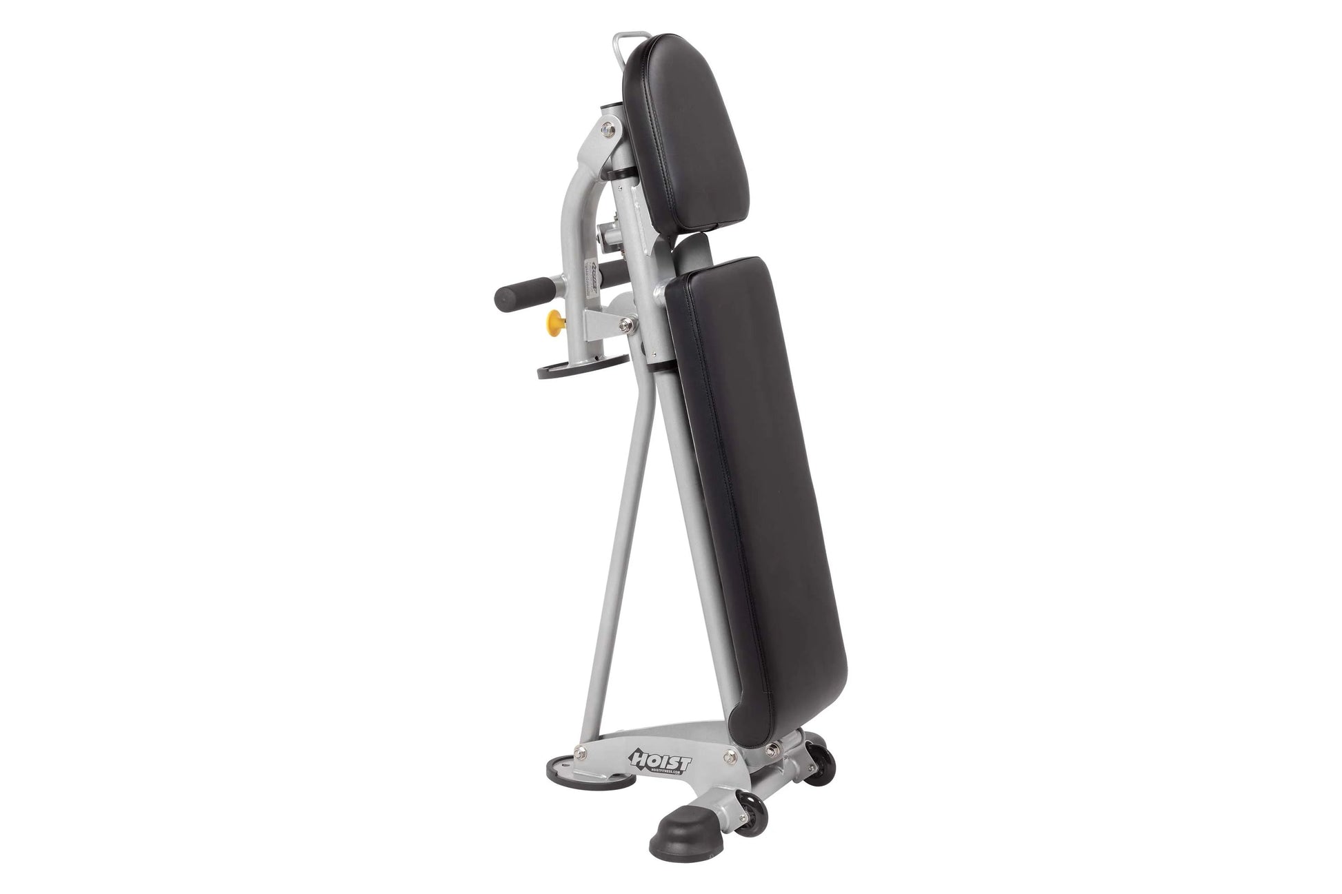 Hoist 7-position folding ab bench with gray steel frame, black padded backrest and seat, and yellow adjustment knob on white 