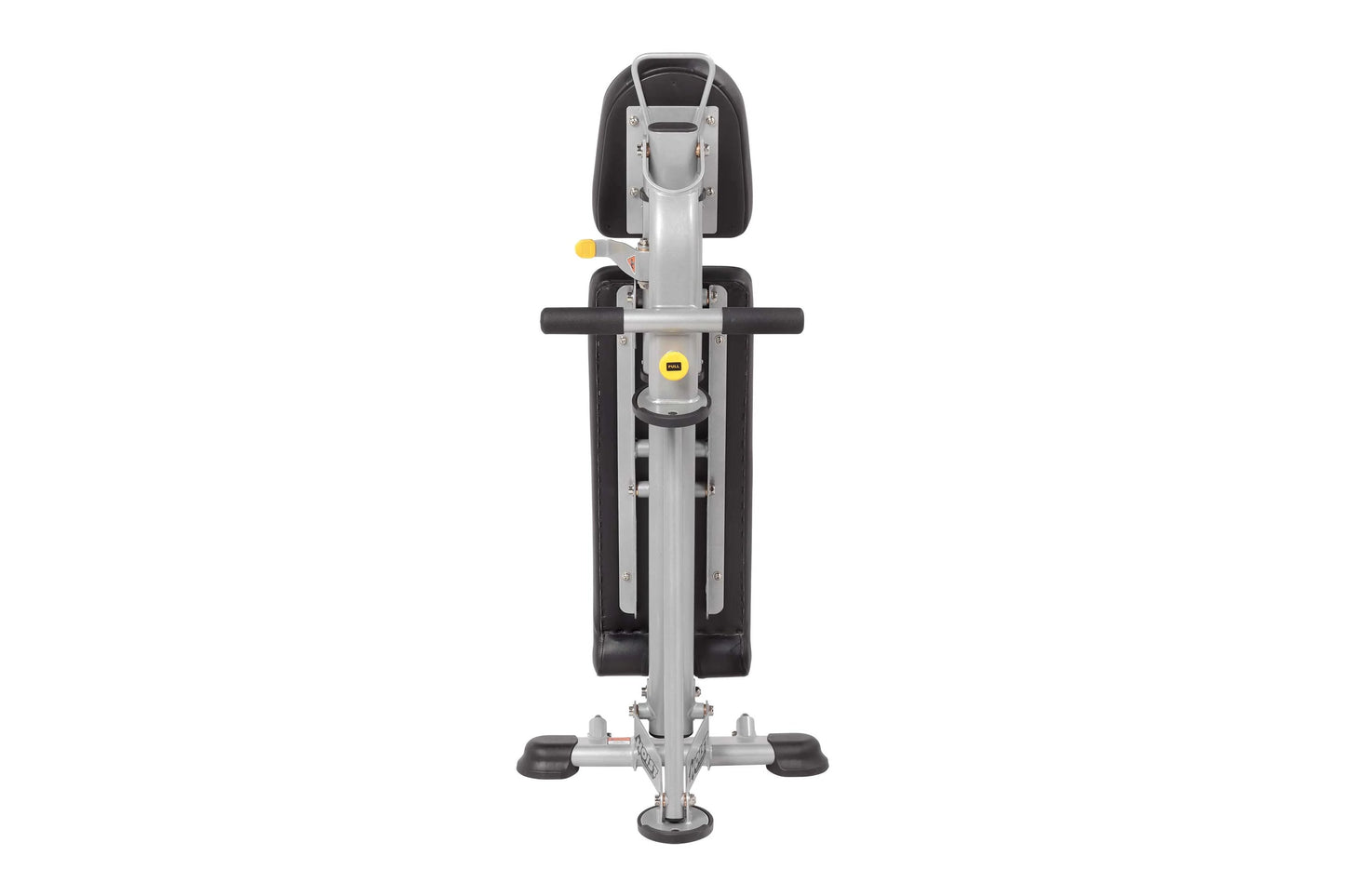 Hoist 7-position folding fid bench with black and silver frame, padded seat and backrest, yellow accent details, viewed from 